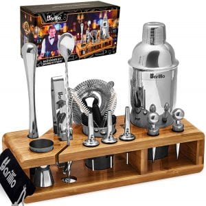 Elite 23-Piece Bartender Kit Cocktail Shaker Set by BARILLIO- Stainless Steel Bar Tools With Sleek Bamboo Stand, Velvet Carry Bag & Recipes Booklet