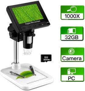 Elikliv 4.3 inch LCD Digital USB Microscope with 32GB Card Camera Video Recorder 1000X Magnification Zoom, 8 Adjustable LED Light, Micro-SD Storage