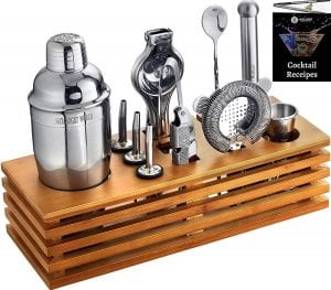 Mixology Bartender Kit with Stand - Bar Tool Set Cocktail Shaker Set - Bar Tools Home Bartending Kit W:Receipes Booklet - Best Bartender Kit Gift
