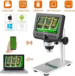 WiFi Wireless LCD Digital USB Microscope with Stand,Koolertron 4.3 Inch 1080P 1000X Magnification Camera 2400x1584 Photo Capture