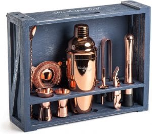 Mixology Bartender Kit- 11-Piece Copper Bar Set Cocktail Shaker Set with Rustic Wood Stand | Perfect Home Bartending Kit with Rose Gold Bar Tools and Martini Shaker