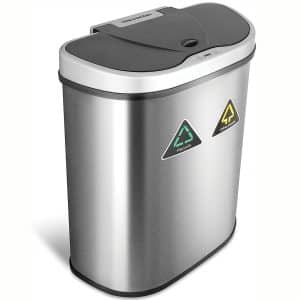 NINESTARS Automatic Touchless Infrared Motion Sensor Trash Can:Recycler with D Shape Silver:Black Lid & Stainless Base