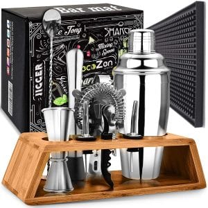 Cocktail Set with Bar Mat | Bartender Mixing Tool Kit with Elegant Wooden Stand | Premium Bar Set Cocktail Shaker Set