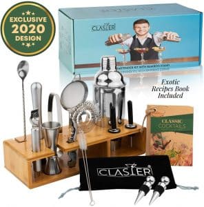 19-Piece Bartender Kit - Mixology Set With Bamboo Stand By Clasier | Bar Set Cocktail Shaker Set | Bar Tools Include Cocktail Mixing Set, Wine Bottle Opener, Strainer, Recipe Book