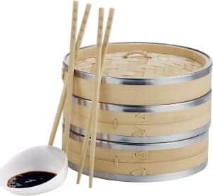 VonShef Premium 2 Tier Bamboo Steamer with Stainless Steel Banding Includes 2 Pairs of Chopsticks and 50 Wax Steamer Liners, Perfect