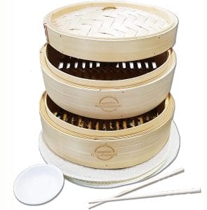 Mister Kitchenware 10 Inch Handmade Bamboo Steamer, 2 Tier Baskets, Healthy Cooking for Vegetables, Dim Sum Dumplings, Buns, Chicken Fish & Meat Included Chopsticks