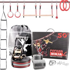 Ninja Warrior Obstacle Course for Kids - 50' Ninja Slackline Obstacle Course | 8 Obstacles | Ninja Line Jungle Gym with Freestyle Rings Slack Line Jungle Gym Outdoor Play Equipment