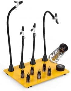 Toolour Helping Hands Soldering Third Hand Tools - 4 Metal Arms with 3X Magnifying Glass Adjustable LED Round Light Crocodile Clips and Heavy Duty Base