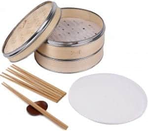 Lawei Bamboo Steamer with Stainless Steel Banding - 2 Tier Bun Steamer Basket Included 4 Pairs of Chopsticks and 100 Wax Steamer Liners, Healthy Cooking