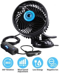 QIFUN 12V Adjustable Dual Head Clip Fan, 4 Inches Electric Car Clip Fans, 360° Rotatable Cooling Air Fan with Cigarette Lighter Plug