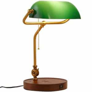 Hsyile KU300237 Rope Switch Retro Table Lamp with USB Charging Ports and Wireless Charging, with Green Retro Glass Lamp Shade for Living Room Bedroom