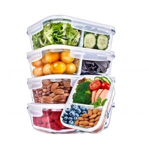 Prep Nuturals 2 Compartment Glass Divided Meal Prep Containers with Lids