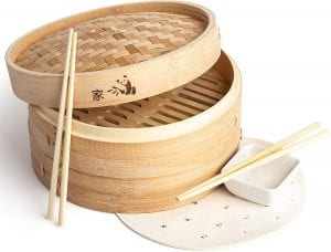 Prime Home Direct 10 inch Bamboo Steamer Basket, 2 Tier Food Steamer, Natural Bamboo Dumpling Steamer with Lid contains 2 Pair of Chopsticks