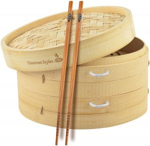Gourmet Styles | Traditional Handmade Natural Bamboo Steamer Basket 10 inch, 2 Baskets, Side Handles, Wax Liners & Chopsticks | 2 Tier Food Pot Basket Cooker