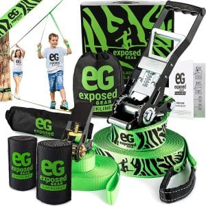 Slackline Kit 60ft with Tree Protectors, Ratchet Cover, Instructions and Carry Bag | OPTIONAL Training Line + Arm Trainer only included in GREEN Slack Line Set | Perfect Slackline