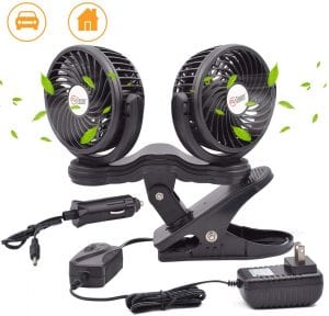 TN TONNY Dual Head Clip Fan, 4 Inches Electric Car Clip Fans 360° Rotatable,12V Cooling Air Fan with Stepless Speed Regulation