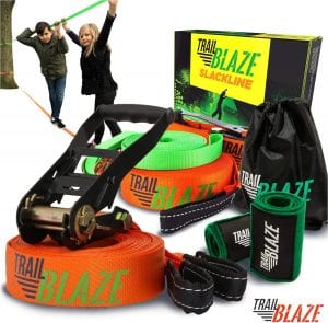 Complete Slackline Kit with Training Line - 60 ft Slack Line Longest Ever w:Tree Protectors Arm Trainer Ratchet Cover Ideal for Beginners Kids - Slack Lines for Backyard Ninja Tight Rope