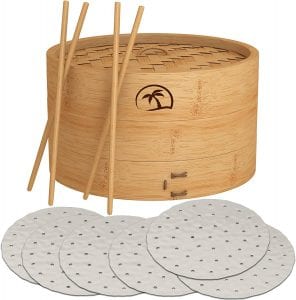 DEALZNDEALZ 10 inch Handmade Natural Bamboo Dumpling Steamer 2 Tiers Basket with Lid includes 50 Wax Papers, 2 Pair of Chopsticks