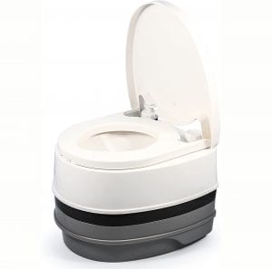 Camco Premium Portable Travel Toilet | 2.6 gallon | Three Directional Flush and Swivel Dumping Elbow