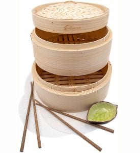 Premium 10 Inch Handmade Bamboo Steamer - Two Tier Baskets - Dim Sum Dumpling & Bao Bun Chinese Food Steamers - Steam Baskets For Rice, Vegetables, Meat & Fish Included 2 Sets Chopsticks