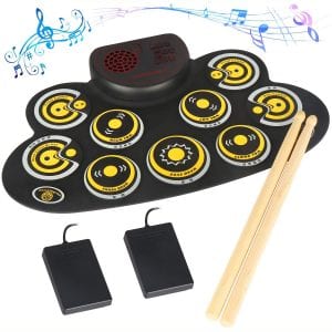 Electronic Drum Set Electronic Roll Up Practice Drum Pad Portable Drum Kit with Built in Speakers Foot Pedals,Drum Sticks,13Hours Playtime Birthday Gift