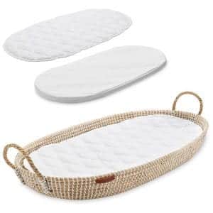 Baby Changing Basket with Foam Pad | Free Luxury Waterproof Diaper Pad & Soft Quilted Liner | Handmade Seagrass Newborn Wicker Basket